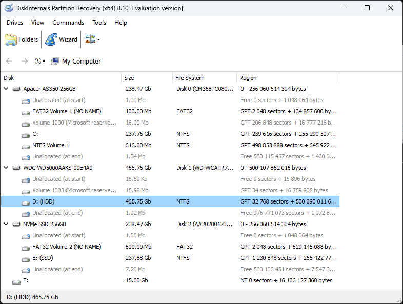 Schermata principale di DiskInternals Partition Recovery