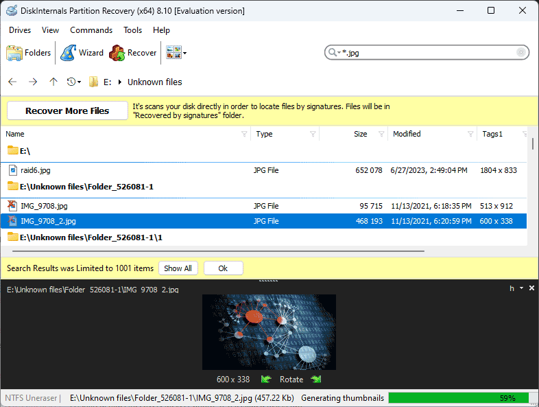Schermata dei risultati di DiskInternals Partition Recovery