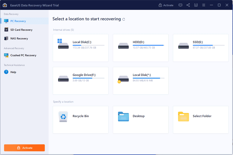 Schermata principale di EaseUS Data Recovery Wizard