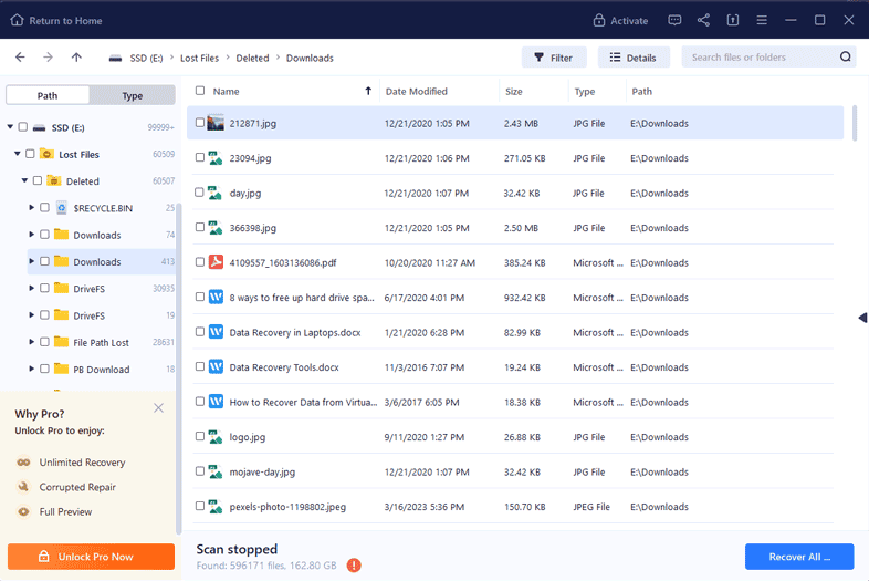 Schermata dei risultati di EaseUS Data Recovery Wizard