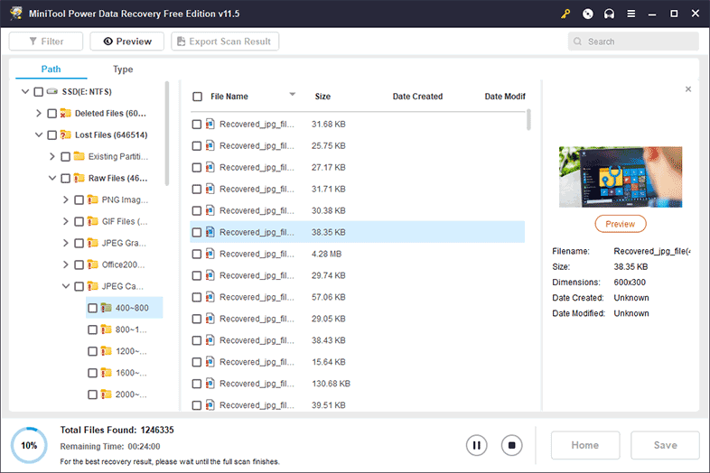 Schermata dei risultati MiniTool Power Data Recovery