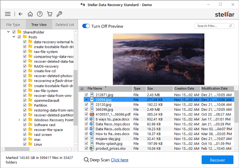 Schermata dei risultati di Stellar Data Recovery