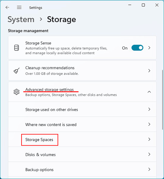 Posizione degli Spazi di Archiviazione in Windows 11