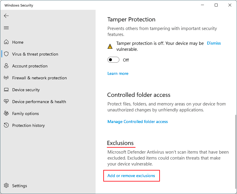 Eccezioni di Windows Defender in Windows 11