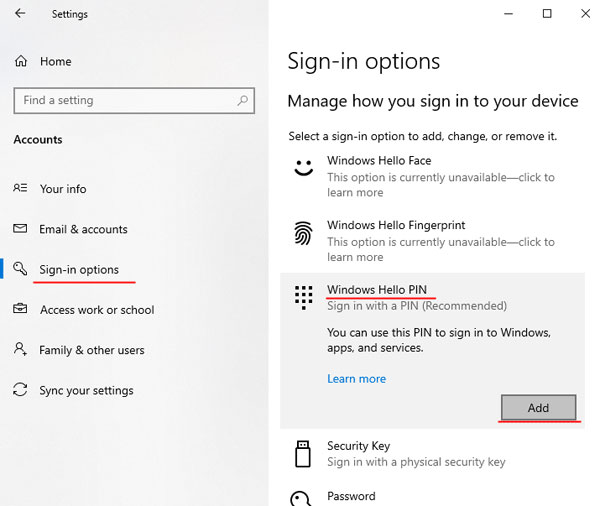 Aggiungere il PIN di Windows Hello