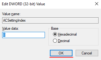 Impostazione del valore 0 per ACSettingIndex