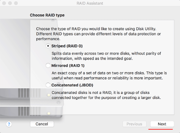 Selezione del tipo di RAID in macOS Selezione del tipo di RAID in macOS