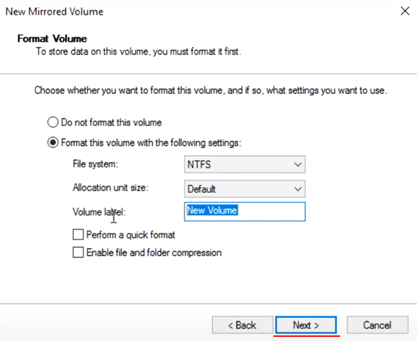 Scelta del file system per il nuovo volume con mirroring