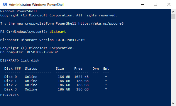 Esecuzione del comando list disk