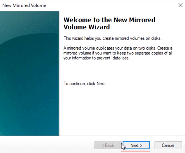 Nuovo Volume con Mirroring Wizard