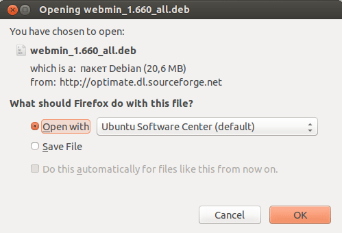 Apertura di Webmin nel Software Center Apertura di Webmin nel Software Center