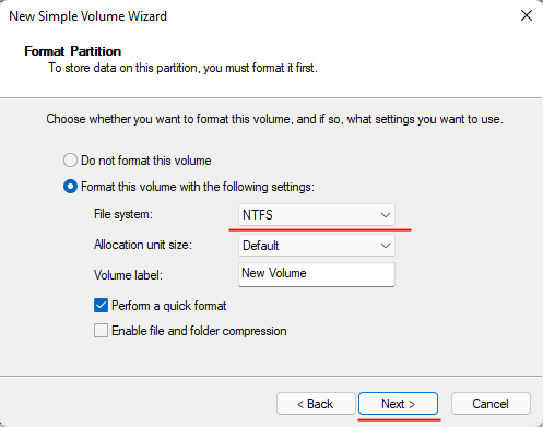 Scegli il sistema di file per il nuovo volume