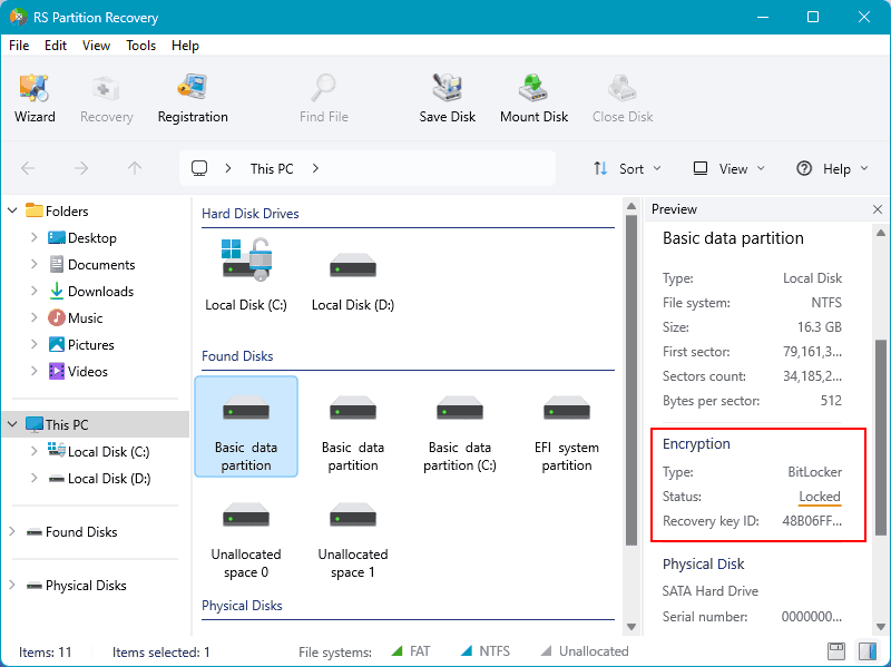 RS Partition Recovery rileva un volume BitLocker