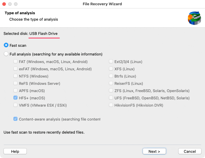 Seleziona il tipo di scansione — recupero file da USB su Mac Seleziona il tipo di scansione — recupero file da USB su Mac