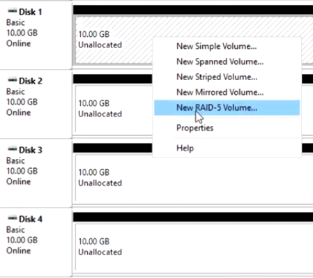 Pulsante per creare un Volume RAID-5