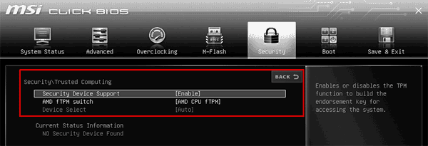 Abilitazione del TPM 2.0 su computer MSI Abilitazione del TPM 2.0 su computer MSI