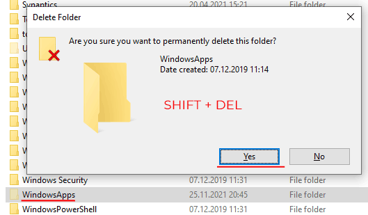 Eliminazione della cartella WindowsApps