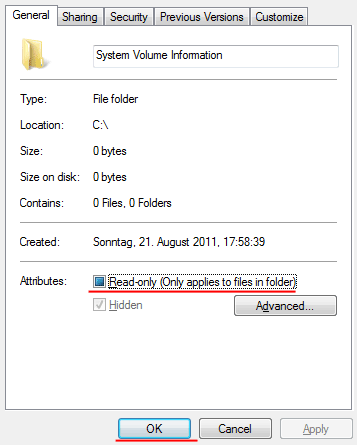 Proprietà della cartella System Volume Information
